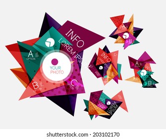 Collection of geometric shape triangle infographic layouts - origami option graphics layouts made of glossy pieces