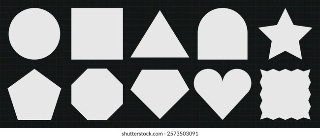 Collection of geometric shapes: circle, square, triangle, star, heart. Various shapes like circle, triangle, heart, star, square in white on dark background. Memo element vector set.