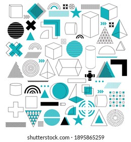 Colección de formas geométricas con una composición de elementos azules. para revistas, folletos, carteles publicitarios, ventas