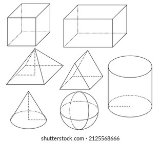 a collection of geometric shapes, cubes, rectangles, rectangular pyramids, triangular prisms, spheres, cones, and tubes with a white background