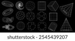A collection of geometric shapes, designed as a grid frame on a black background. Includes spheres, cubes and pyramids, showing various shapes and structures.