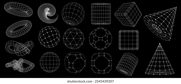 A collection of geometric shapes, designed as a grid frame on a black background. Includes spheres, cubes and pyramids, showing various shapes and structures.