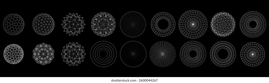 A collection of geometric shapes, designed as a grid frame on a black background. Includes spheres, cubes and pyramids, showing various shapes and structures.