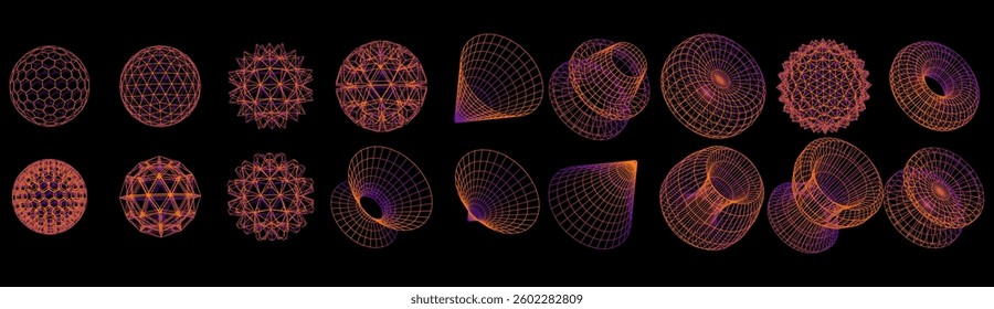 A collection of geometric shapes, designed as a grid frame on a black background. Includes spheres, cubes and pyramids, showing various shapes and structures.