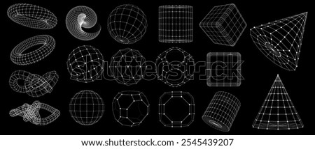 A collection of geometric shapes, designed as a grid frame on a black background. Includes spheres, cubes and pyramids, showing various shapes and structures.
