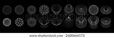 A collection of geometric shapes, designed as a grid frame on a black background. Includes spheres, cubes and pyramids, showing various shapes and structures.