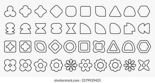 Collection of geometric shapes, featuring circles, triangles, and squares. Various geometric shapes in different patterns. Shapes include circles and triangles. Black shapes, vector element set.