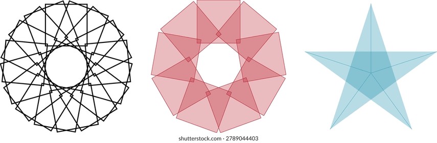 A collection of geometric shapes including a black polygonal circle, a pink polygonal ring, and a blue star on a white background