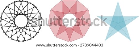 A collection of geometric shapes including a black polygonal circle, a pink polygonal ring, and a blue star on a white background