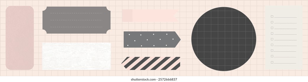Collection of geometric shapes including a circle, rectangles, and tags. Neutral colors with grid and polka dot patterns. Ideal for design and decoration. Memo element vector set.