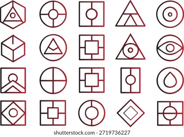 Una colección de Formas geométricas que incluyen círculos cuadrados triángulos y hexágonos delineados en rojo se muestran contra un fondo blanco