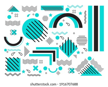 Collection of geometric shapes. Memphis design, retro elements perfect for web, vintage, advertising, commercial banners, posters, leaflets, billboards, sales. Trendy halftone vector geometric shapes 