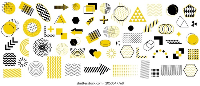 Collection of geometric shapes. Memphis design. Abstract icon. Black and yellow element. Vector illustration. Stock image.