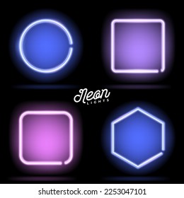 Collection of geometric shapes. Neon line. The shape is square, round and hexagonal. Neon light bulb lamp. Vector illustration