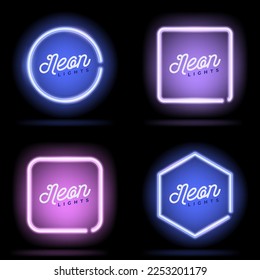 Collection of geometric shapes. Neon line. The shape is square, round and hexagonal. Neon light bulb lamp. Vector illustration