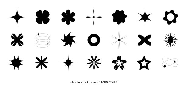 Colección de formas geométricas sobre fondo blanco. Resumen del elemento icono de color negro de estrella, brillo, flor, círculo, estrellas brillantes. Diseño gráfico de iconos para decoración, logotipo, negocios, anuncios.