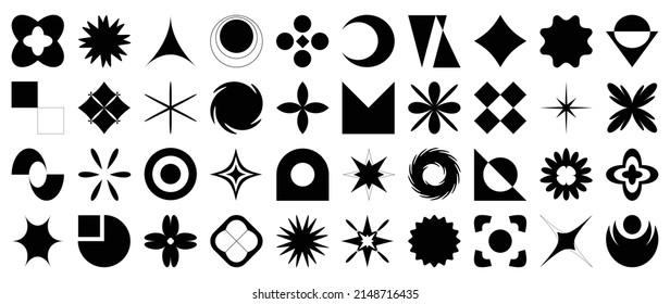 Collection of geometric shapes on white background. Abstract black color icon element of star, sparkling, flower, circle, shining stars, flora. Icon graphic design for decoration, logo, business, ads.