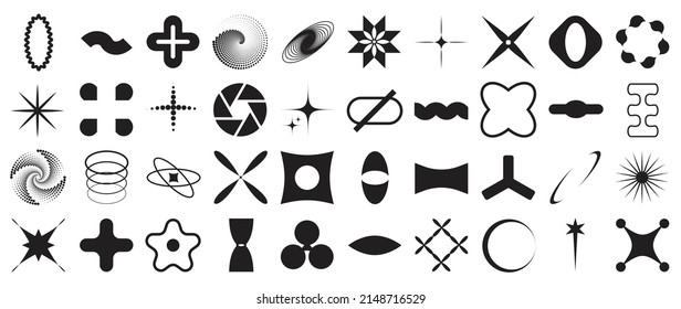 Collection of geometric shapes on white background. Abstract black color icon element of star, sparkling, different shapes, moon, sun. Icon graphic design for decoration, logo, business, ads.