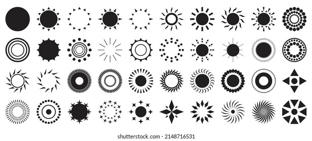 Collection of geometric shapes on white background. Abstract black color icon element of shining star, sparkling, circle, sun, sun rays. Icon graphic design for decoration, logo, business, ads.