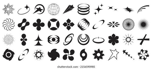 Collection of geometric shapes on white background. Abstract black color icon element of star, sparkling, different shapes, dot pattern, sun. Icon graphic design for decoration, logo, business, ads.