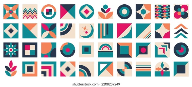 Collection of geometric shapes on white background. Abstract retro color icon element of different shapes, star, circles, flowers, square. Icon graphic design for decoration, logo, business, ads.