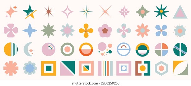 Collection of geometric shapes on white background. Abstract colorful icon element of star, sparkling, different shapes, bubble, flowers. Icon graphic design for decoration, logo, business, ads.