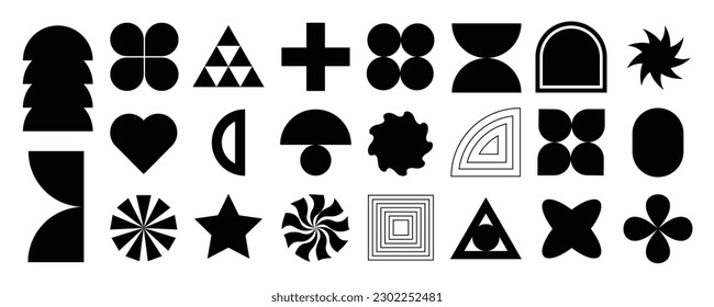 Collection of geometric shapes on white background. Abstract black color icon element of flower, plus, circle, sparkling, different shapes. Icon graphic design for decoration, logo, business, ads.
