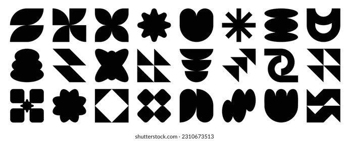 Collection of geometric shapes on white background. Abstract black color icon element of flower, square, pixel, sparkling, different shapes. Icon graphic design for decoration, logo, business, ads.