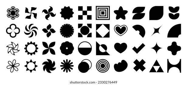 Collection of geometric shapes on white background. Abstract black color icon element of flower, square, circle, sparkling, different shapes. Icon graphic design for decoration, logo, business, ads.