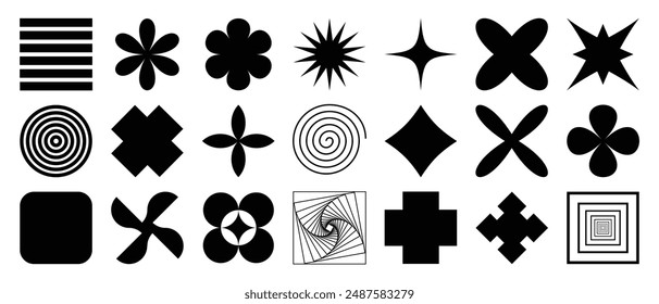 Collection of geometric shapes on white background. Abstract black color icon element of flower, sparkling, different shapes. Icon graphic design for decoration, logo, business, ads.