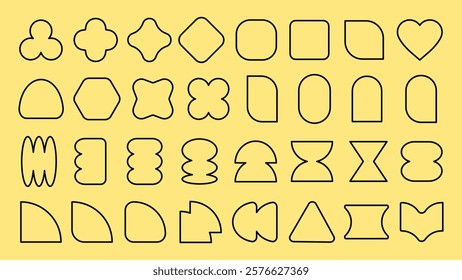 Collection of geometric shapes on a yellow background. Various geometric shapes like circles, squares, and triangles. Geometric shapes in a neat arrangement. Black shapes, vector element set.