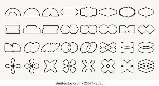 Collection of geometric shapes. Geometric patterns include circles, ovals, and stars. Geometric design features various abstract shapes and patterns. Black shapes, vector element set.