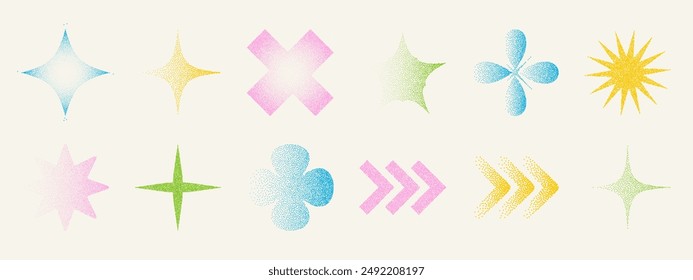 Collection of geometric shapes with photocopy effect. Vector noise grainy texture