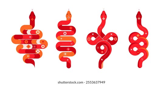 Collection of geometric Snake illustrations. Chinese New Year, Lunar new year 2025, year of the snake. Red graphic minimalist snake zodiac vector design