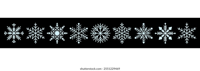 Coleção de flocos de neve geométricos. Elementos planos de diferentes formas de flocos de neve. Conjunto de flocos de neve para banner de férias, cartão postal ou decoração. Ornamento vetorial de Ano Novo.