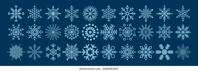 Collection of geometric snowflakes. Flat elements of different snowflake shapes. Set of snowflakes for holiday banner, postcard or decoration. New Year vector ornament.