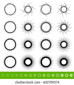 Collection of geometric spiral shapes. Set of 16 rotating abstract circular element