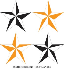 A collection of geometric star icons featuring bold black and orange patterns with a symmetrical design. Ideal for branding, digital art, modern graphics, and creative projects.