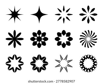 Collection of geometric star variations. Vector illustration of stellar patterns and cosmic geometry.