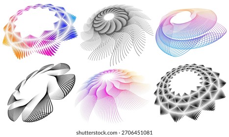 A collection of geometric swirls and vortexes made of lines. Perfect for technology projects, scientific visualizations, posters, logos, and decorative compositions in digital design