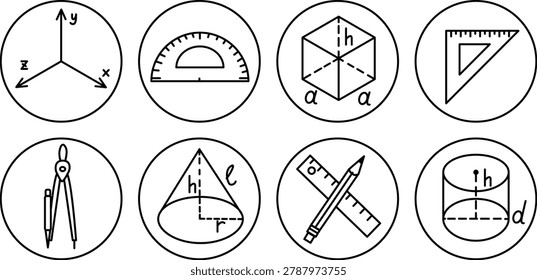 Collection of geometric symbols and tools such as a protractor, compass, and ruler displayed in a grid format on a clean white background