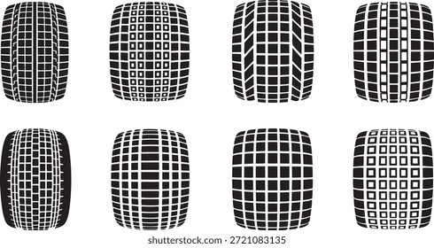 collection of geometric tire tread patterns in black and white vector format featuring grid and square silhouettes isolated on white