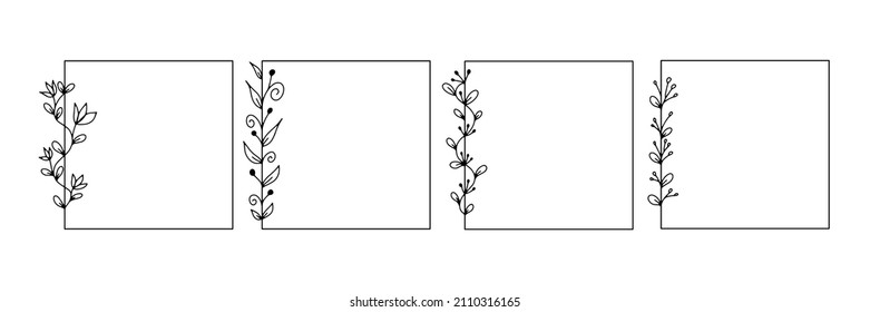 Collection of geometric vector floral frames. Borders decorated with hand drawn delicate flowers, branches, leaves, blossom. Vector illustration