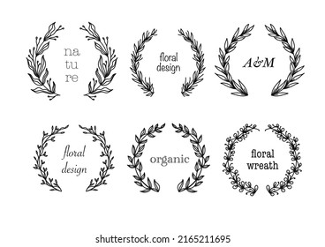 Collection of geometric vector floral frames. Borders decorated with hand drawn delicate flowers, branches, leaves, blossom. Vector illustration