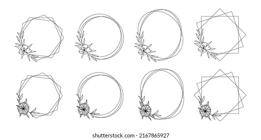 Collection of geometric vector floral frames. Borders decorated with hand drawn delicate flowers, branches, leaves, blossom. Vector illustration