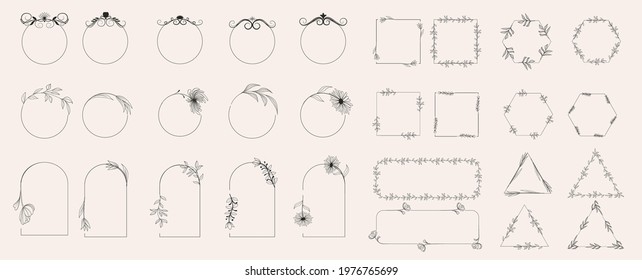 Collection of geometric vector flower frames. Round, oval, triangular, square borders decorated with hand-drawn delicate flowers. Trendy Line drawing, lineart style. Vector illustration
