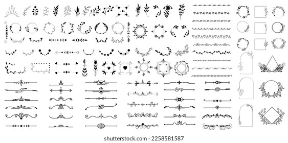 Collection of geometric vector flower frames. Round, oval, triangular, square borders decorated. Elegant monogram, hand drawn marriage invitations with wreath borders. Vector