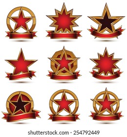 Collection of geometric vector round glamorous golden elements, 3d polished stars isolated on white backdrop. Set of majestic blazons with red curvy band. Five stars placed over round surface.