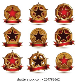 Collection of geometric vector round glamorous golden elements, 3d polished stars isolated on white backdrop. Set of majestic blazons with red curvy band. Five stars placed over round surface.