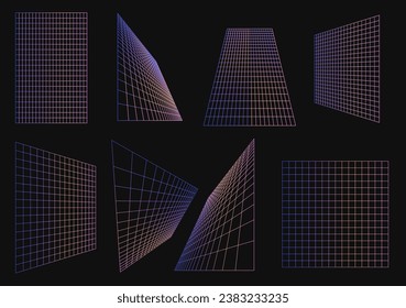 Collection geometry wireframe grids in neon gradient color.Aabstract backgrounds, patterns, cyberpunk elements in trendy psychedelic rave style. Y2k retro futuristic aesthetic.